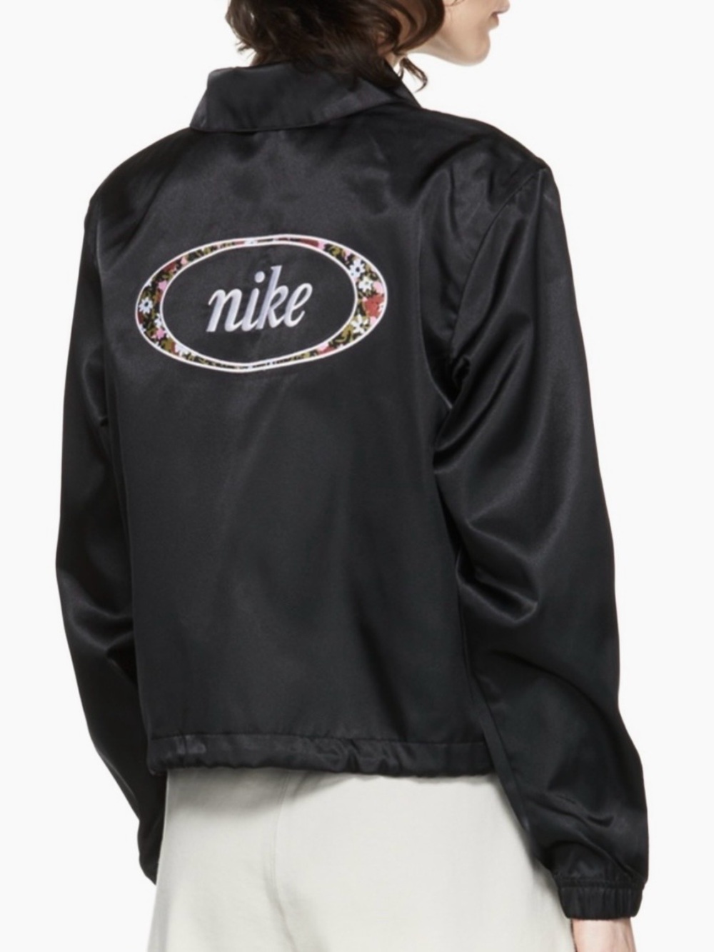 NEW Nike Coach’s Jacket in black satin with floral embroidered logo